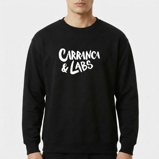 Moletom com estampa frontal de texto estilizado "Carranca & Labs" em fontes bold, destacando-se no centro com grande impacto visual.