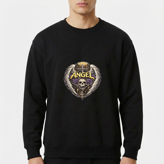 Moletom com estampa frontal de caveira rodeada por asas detalhadas, rosas e cruz, sob um halo dourado e a palavra "ANGEL" em destaque.