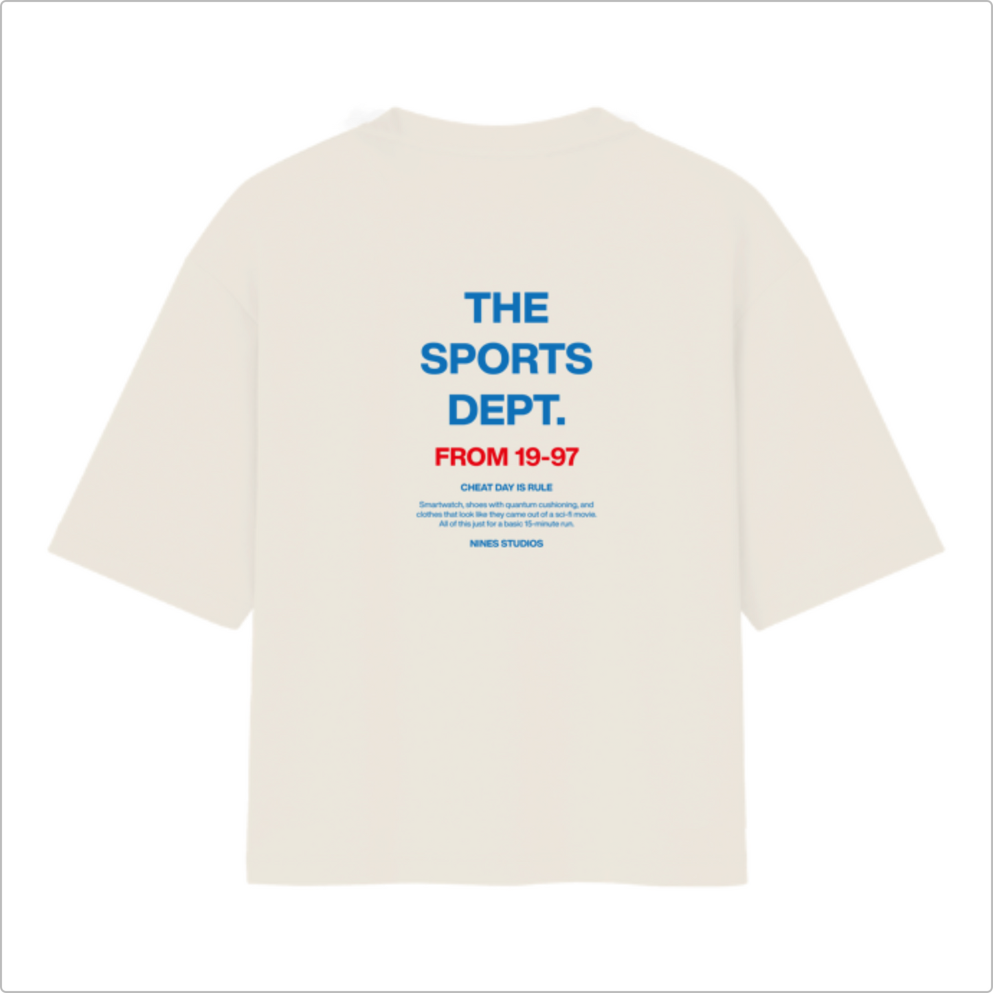 Camiseta com estampa frontal de "THE SPORTS DEPT." e estampa traseira de texto "THE SPORTS DEPT. FROM 19-97" e frases adicionais de estilo.