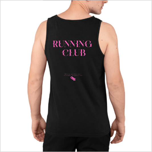 Camiseta regata com estampa frontal de "TEAM 092" e símbolo cruzado e estampa traseira de "RUNNING CLUB" com texto inferior e logotipo pequeno.