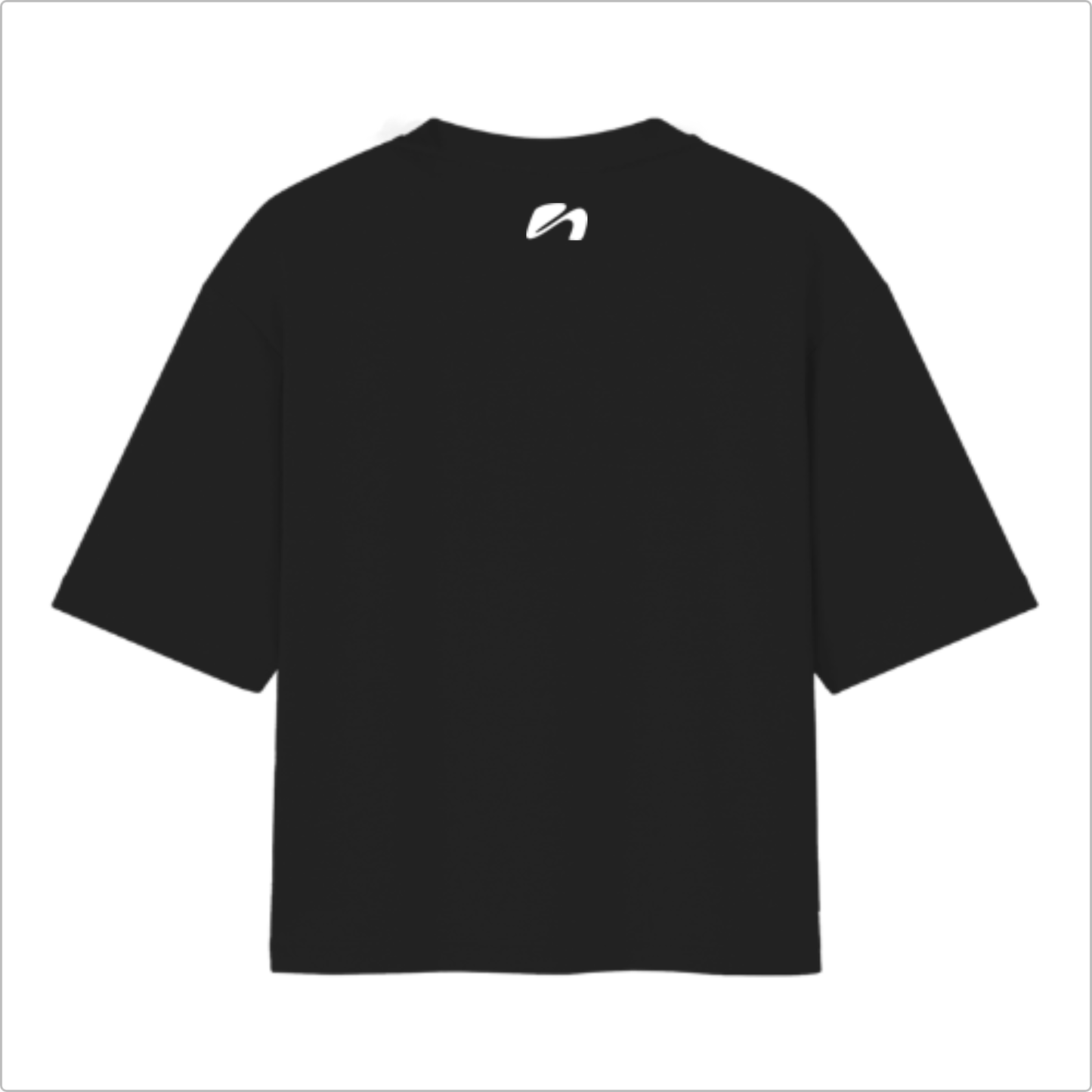 Camiseta com estampa frontal de texto "HYBRID ATHLETE" em letras maiúsculas e estampa traseira de pequeno símbolo estilizado abaixo da gola.