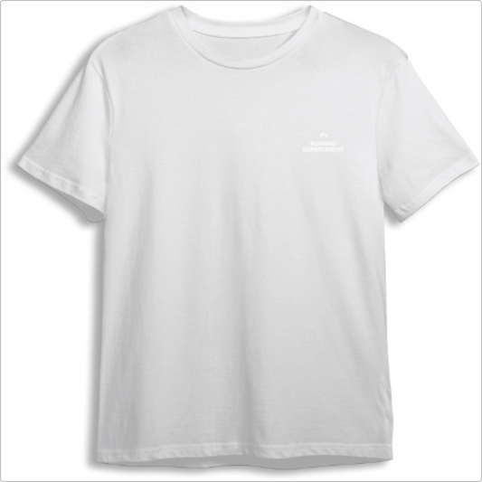 Camiseta com estampa frontal de texto "Running Departament" pequeno ao lado de um pequeno ícone e estampa traseira de texto "Running Departament" grande.
