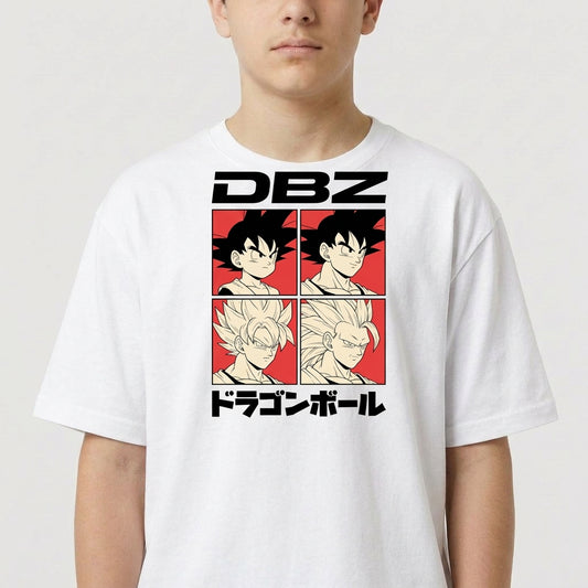 Camiseta com estampa frontal de quatro quadrados ilustrando personagens de cabelo arrepiado, acompanhados pelas letras "DBZ" acima e texto em japonês abaixo.