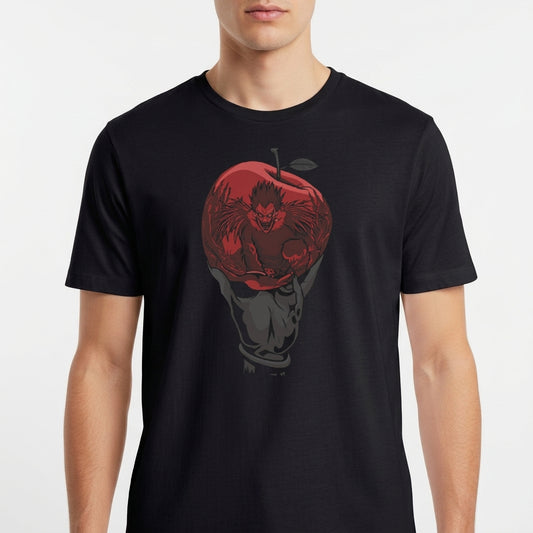 Camiseta com estampa frontal de uma figura sombria e detalhada emergindo de uma maçã grande e marcante no centro.