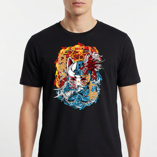Camiseta com estampa frontal de máscara kitsune centralizada entre chamas e ondas, com kanjis japoneses e detalhes intricados de movimento e textura.