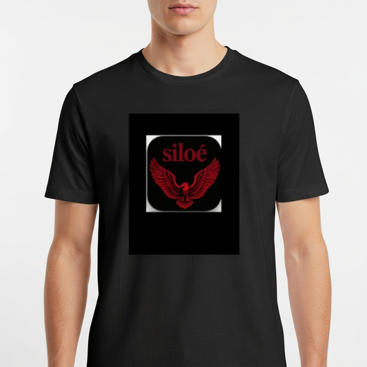 Camiseta com estampa frontal de águia de asas abertas em destaque abaixo do texto "siloé", ambos em um design contrastante e centralizado.