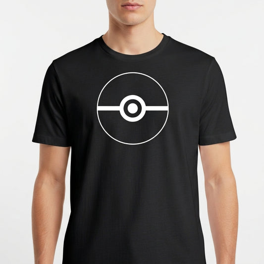 Camiseta com estampa frontal de um círculo com uma linha horizontal ao centro, detalhado com um círculo menor no meio, lembrando um design geométrico.