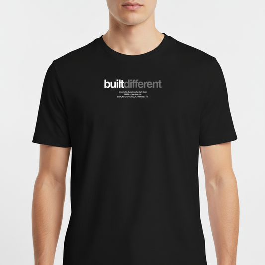 Camiseta com estampa frontal de texto estilizado "built different" acompanhado de frases menores alinhadas abaixo, sugerindo um conceito único e marcante.