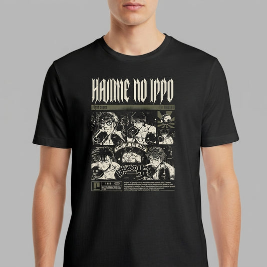 Camiseta com estampa frontal de quadrinhos ilustrados em cenas de luta, com personagens desenhados em estilo mangá, acompanhados por textos estilizados.