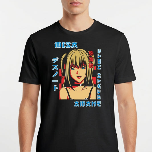 Camiseta com estampa frontal de uma personagem anime com cabelos longos, acompanhada de textos em estilo japonês ao redor.