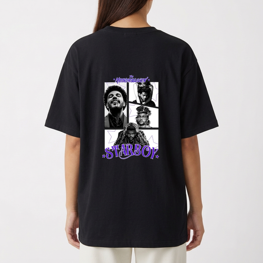 Camiseta com estampa frontal de três estrelas de tamanhos variados e estampa traseira de quadrinhos com retratos estilizados e a palavra "Starboy".