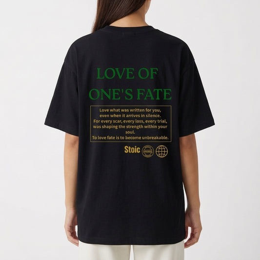 Camiseta com estampa frontal de "Stoic" em letras destacadas e estampa traseira com frase "Love of One's Fate" complementada por texto filosófico detalhado.