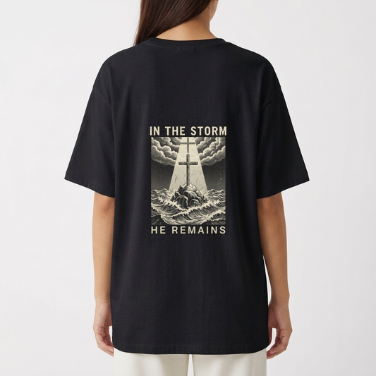 Camiseta com estampa frontal de texto decorativo "OG" e estampa traseira de ilustração com cruz em paisagem tempestuosa e as palavras "In the Storm He Remains".