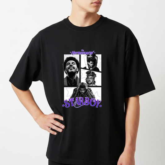 Camiseta com estampa frontal de três retratos contrastantes em quadrados, título acima das imagens e a palavra "Starboy" em destaque na parte inferior.