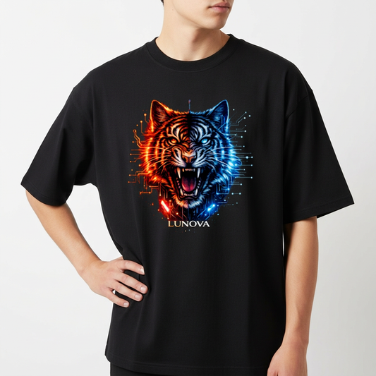 Camiseta com estampa frontal de um tigre em meio rugido, metade em estilo de circuitos eletrônicos laranja e metade azul, com o texto "LUNOVA" abaixo.