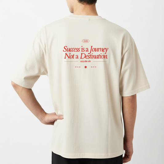 Camiseta com estampa traseira de texto estilizado "Success is a Journey Not a Destination", incluindo o ano "2026" e a frase "enjoy the ride".