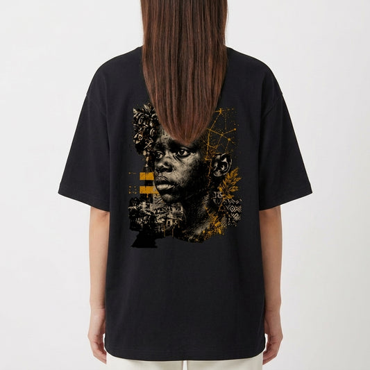 Camiseta com estampa frontal de pequeno logotipo minimalista e estampa traseira de ilustração artística de rosto masculino entrelaçado com elementos geométricos e tribais.