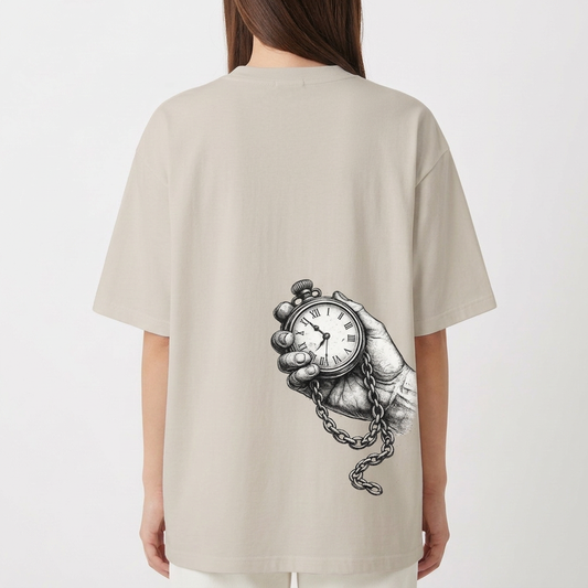 Camiseta com estampa frontal de "KRJ" estilizado e estampa traseira de mão segurando relógio de bolso com corrente detalhada.