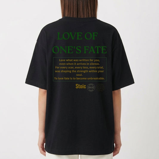 Camiseta com estampa frontal de "Stoic" no peito e estampa traseira com o texto "Love of One's Fate", acompanhada de parágrafo reflexivo e símbolos.