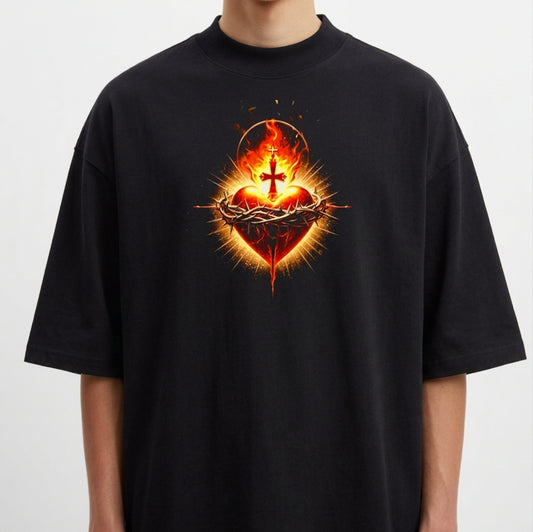 Camiseta com estampa frontal de um coração flamejante rodeado por espinhos e cruz central, irradiando um halo luminoso, criando um poderoso efeito visual.