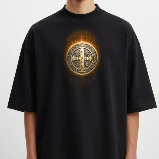 Camiseta com estampa frontal de medalhão detalhado com letras e símbolos complexos, cercado por um efeito de chama sutil e radiante.