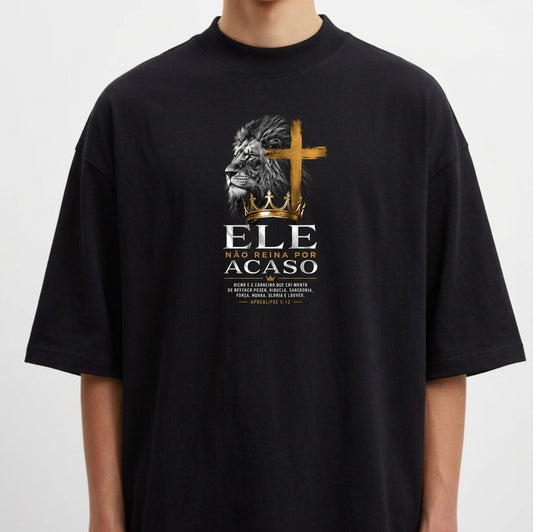 Camiseta com estampa frontal de leão em perfil ao lado de uma cruz, seguida pela frase "Ele não reina por acaso" e texto menor detalhando uma passagem.