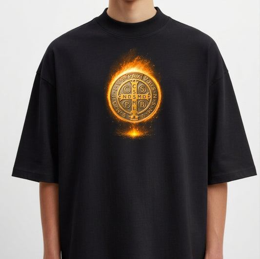 Camiseta com estampa frontal de um medalhão circular detalhado, cercado por um efeito de fogo vibrante, contendo letras e símbolos intricados no centro.