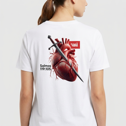 Camiseta com estampa frontal de coração e linha de batimentos e estampa traseira de coração anatômico atravessado por espada e texto "Salmos 119:105".