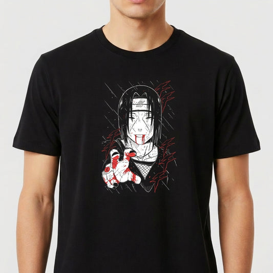 Camiseta com estampa frontal de personagem de anime com cabelo longo, expressão séria e sangue nas mãos, cercado por linhas diagonais e detalhes vermelhos.