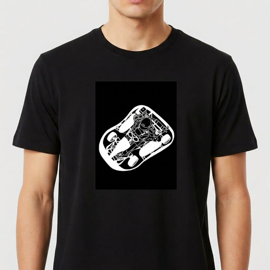 Camiseta com estampa frontal de um design abstrato e intricado, apresentando formas geométricas e linhas curvas que parecem se fundir em um padrão complexo.