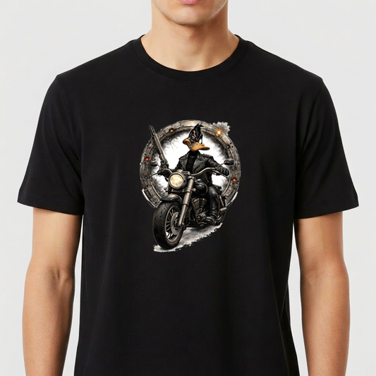 Camiseta com estampa frontal de um mago sobre uma motocicleta, segurando um cajado com um anel mágico ao fundo detalhado com luzes pequenas.