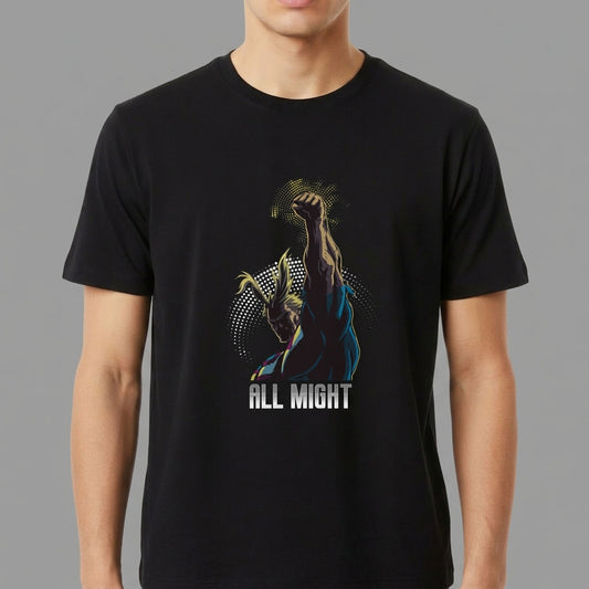 Camiseta com estampa frontal de personagem erguendo o punho em estilo heróico, rodeado por pontos luminosos, acompanhada da inscrição "All Might".
