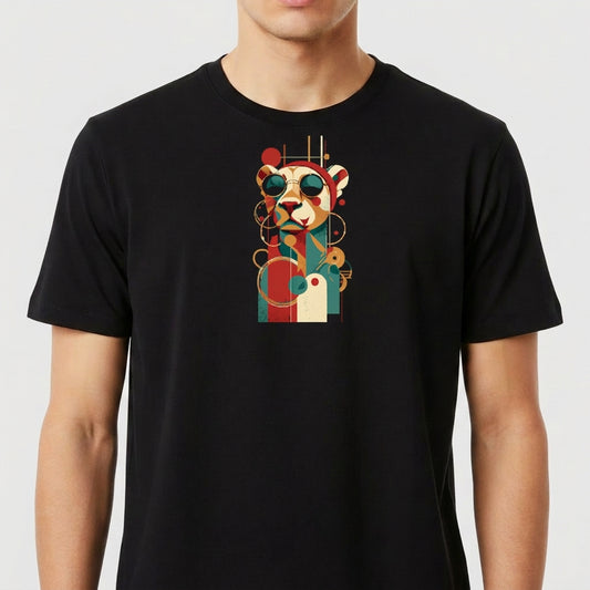 Camiseta com estampa frontal de um leão estilizado usando óculos, cercado por formas geométricas sobrepostas em um design moderno e artístico.