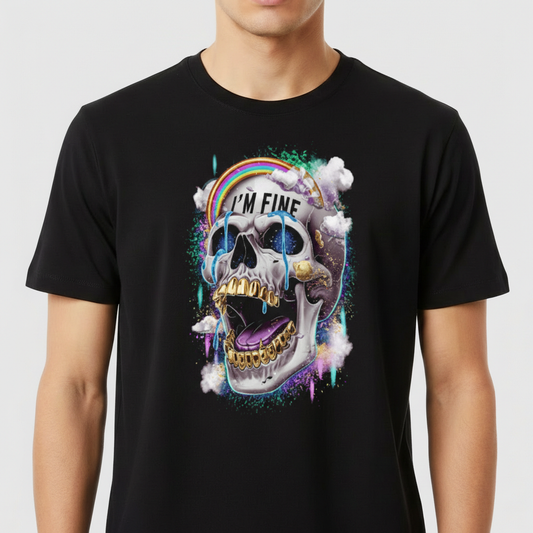 Camiseta com estampa frontal de caveira estilizada com dentes dourados, arco-íris, nuvens e texto "I'M FINE", cercada por efeitos de pintura colorida.