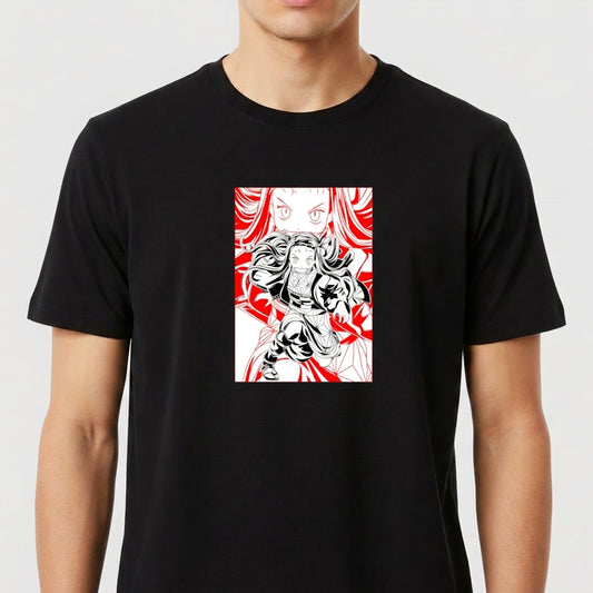 Camiseta com estampa frontal de personagem em estilo mangá, com detalhes de cabelo e olhos expressivos, em meio a formas geométricas dinâmicas.