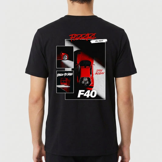 Camiseta com estampa traseira de carro esportivo F40 em perspectiva de cima, com detalhes de rodas e frase "Born to Race" em estilo gráfico moderno.