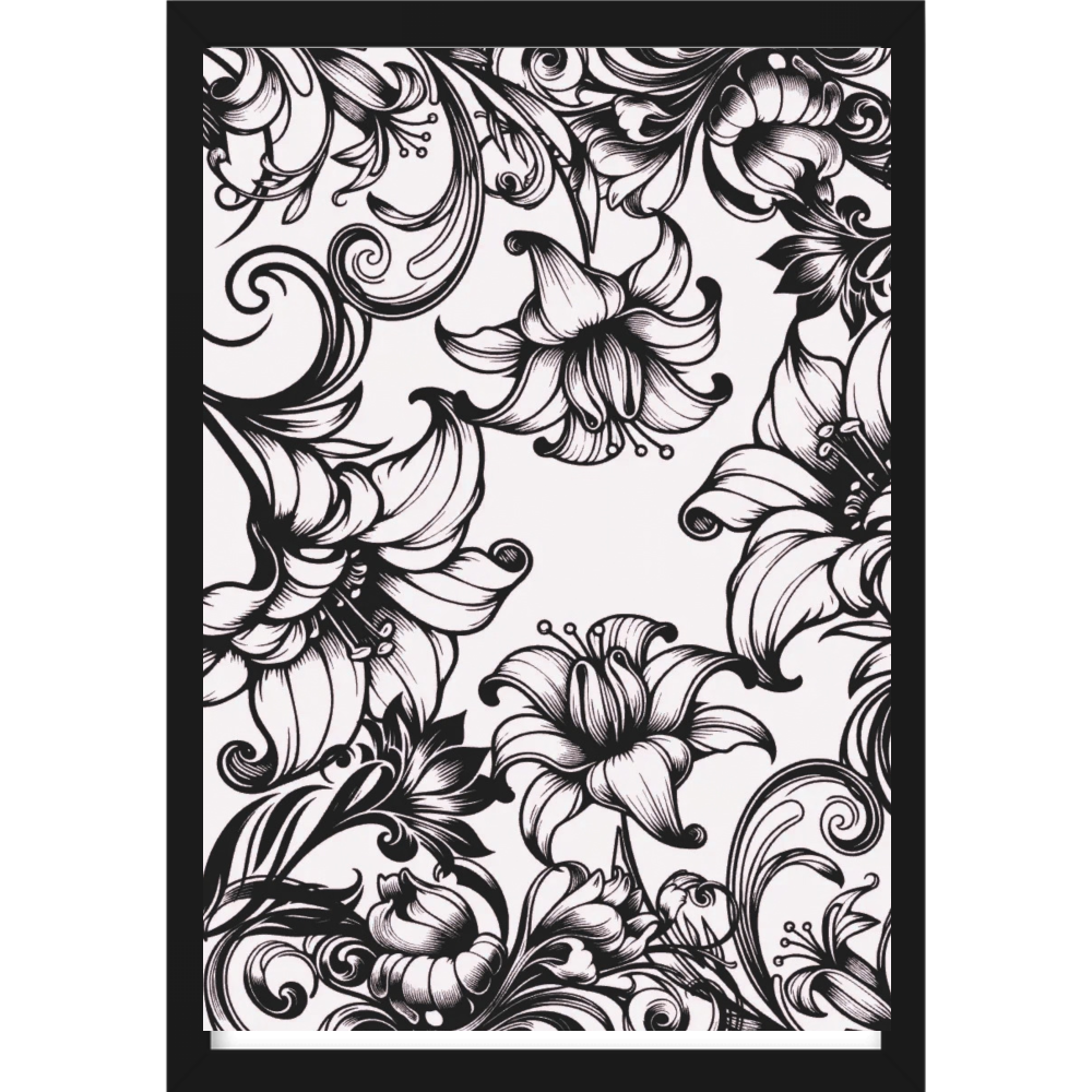 "Flores em Linha Elegância em Preto e Branco" Quadro tradicional sem vidro acrílico