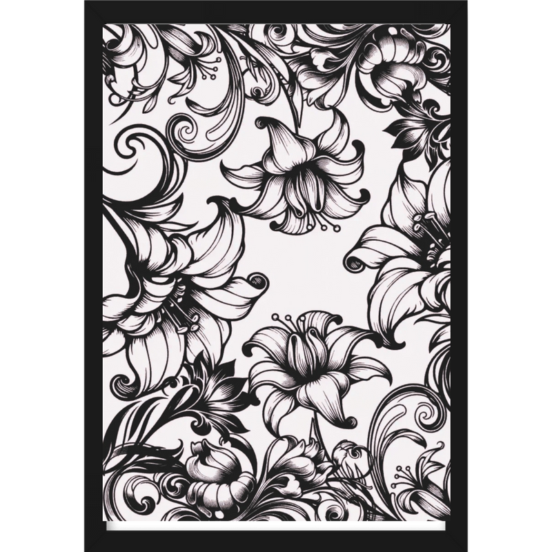 "Flores em Linha Elegância em Preto e Branco" Quadro tradicional sem vidro acrílico