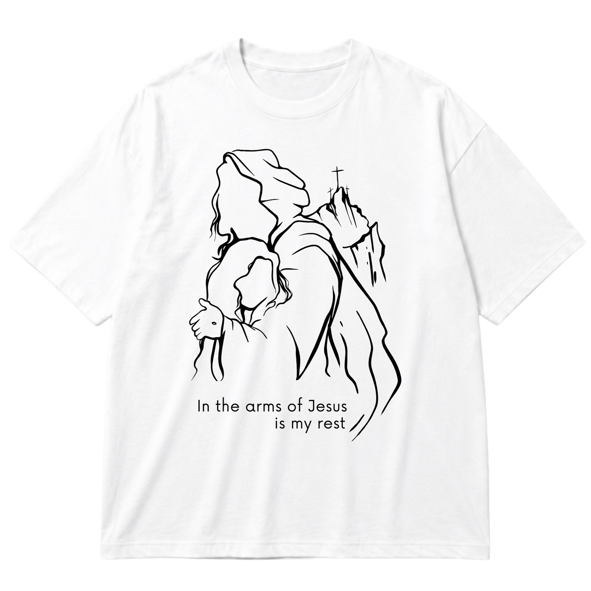 "Produto #014 Camisa oversized IN THE ARMS OF JESUS IN MY REST" Oversized Premium 96% algodão 4% Elastano