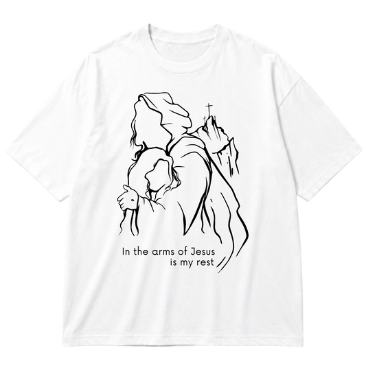 "Produto #014 Camisa oversized IN THE ARMS OF JESUS IN MY REST" Oversized Premium 96% algodão 4% Elastano