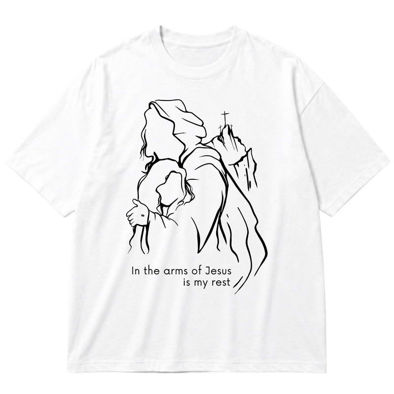"Produto #014 Camisa oversized IN THE ARMS OF JESUS IN MY REST" Oversized Premium 96% algodão 4% Elastano