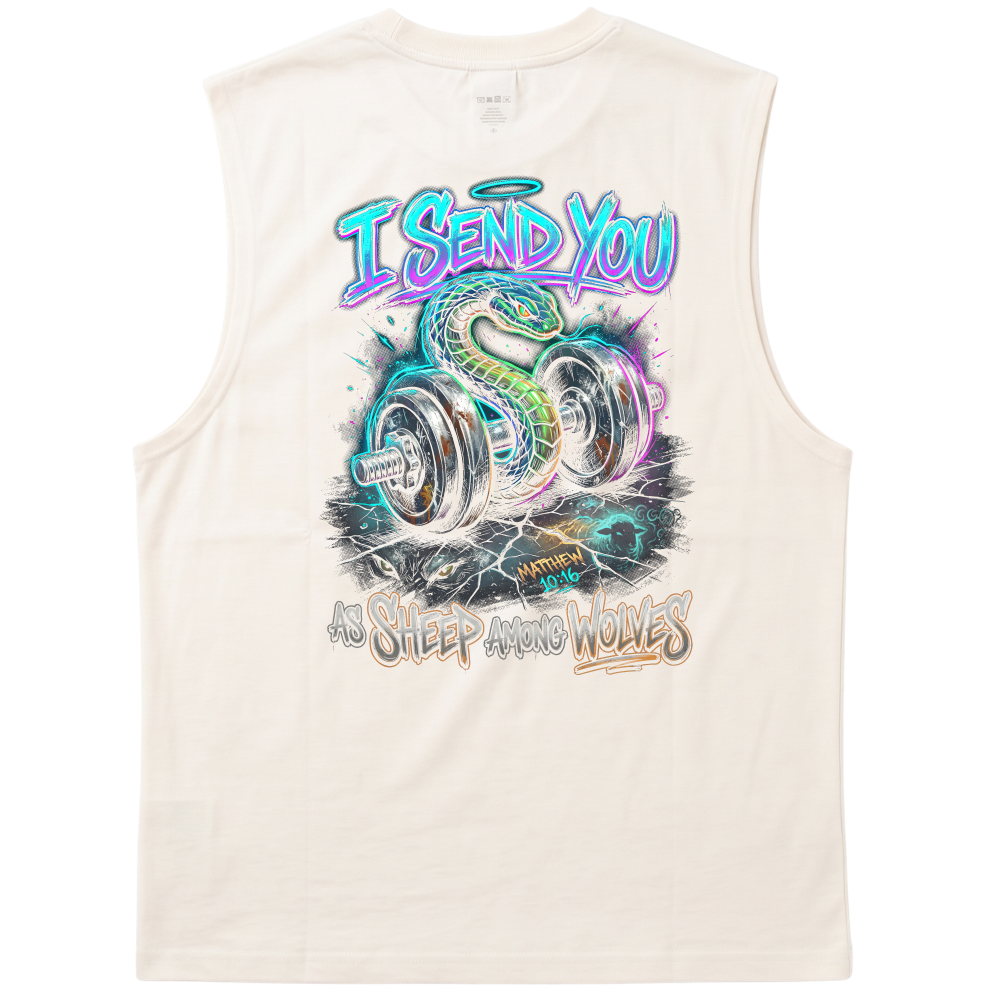 "Produto #021 Regata I SEND YOU AS SHEEP AMONG WOLVES" Tank Top Machão Suedine