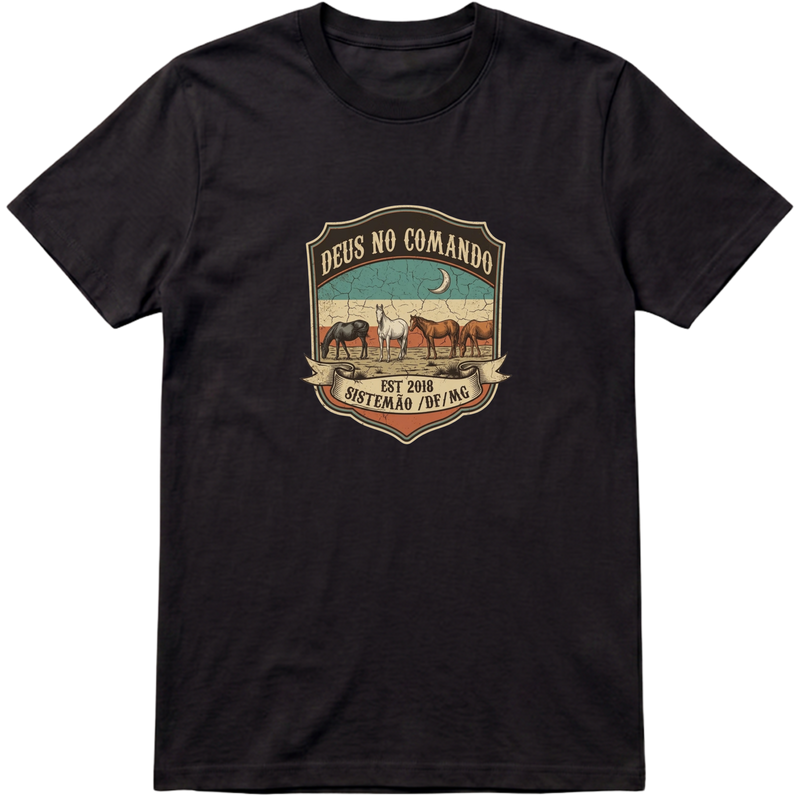 "Estampa DEUS NO COMANDO" Camiseta Premium Unissex Bunker Studios