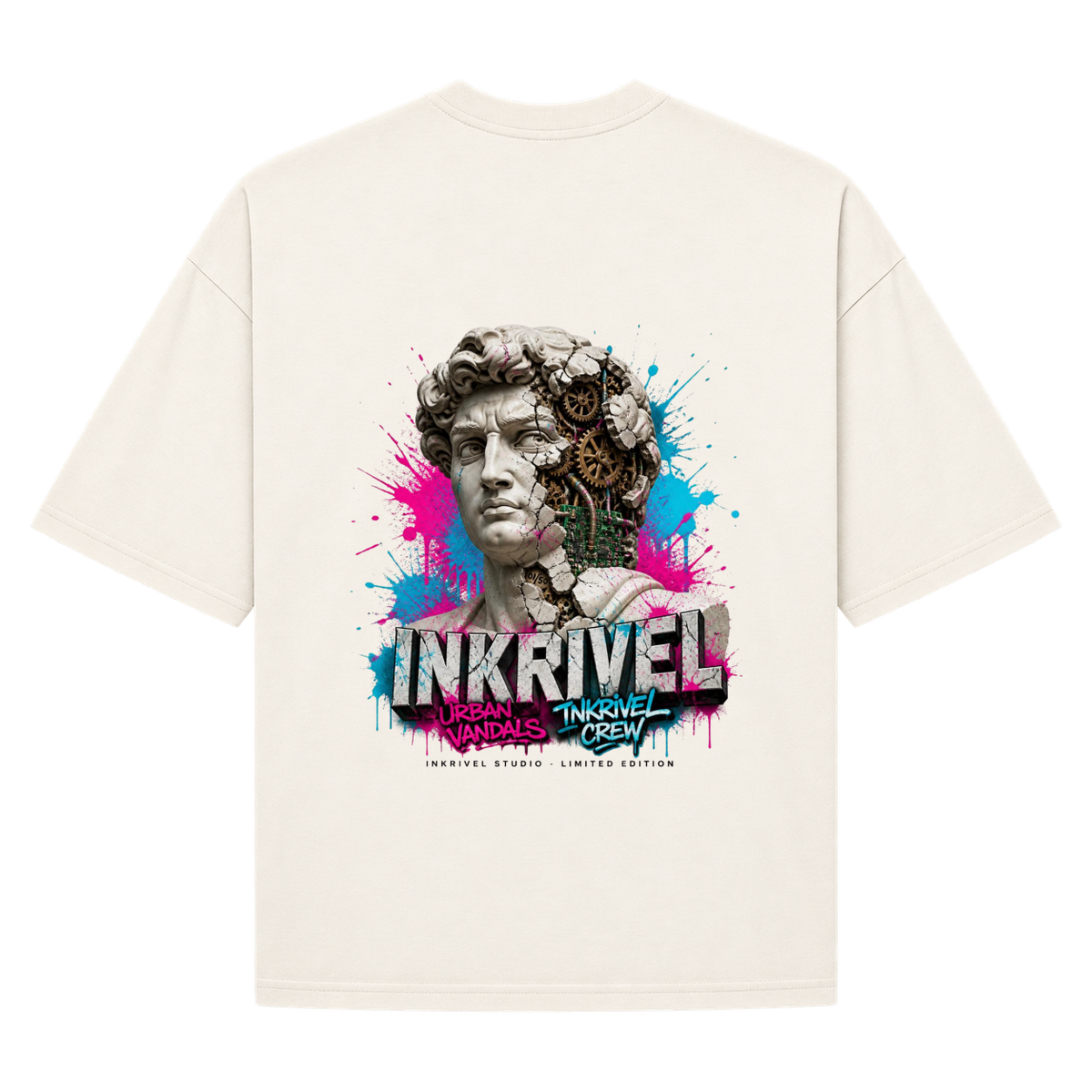 "Camiseta Oversized Inkrivel Urban Vandals – Estátua Cyber Graffiti" Camiseta Oversized Suedine 220g