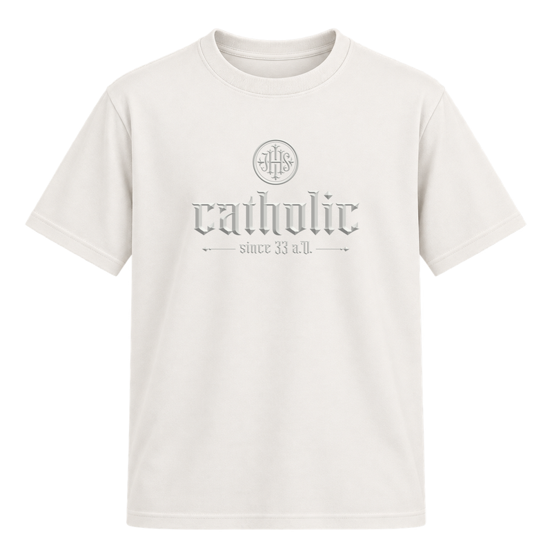 "F&C Catholic Since 33 A.D. All White" Camiseta Regular Suedine