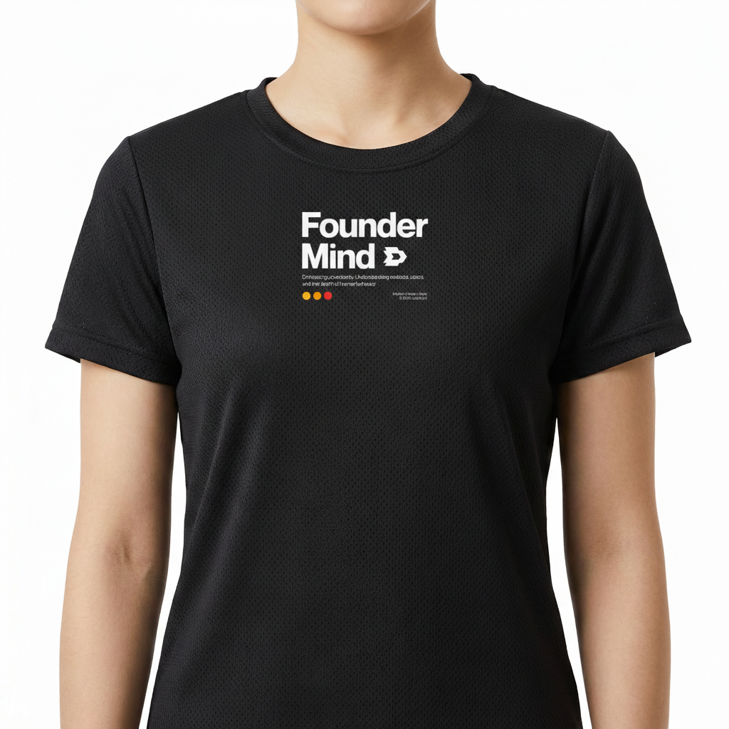 Camiseta com estampa frontal de texto "Founder Mind" em destaque, acompanhado de frases menores explicativas e três pequenos círculos coloridos abaixo.