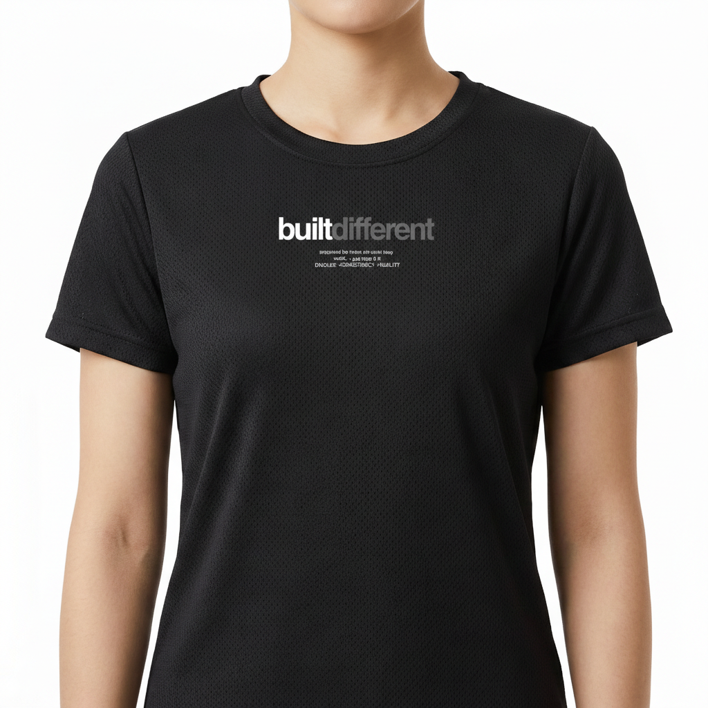 Camiseta com estampa frontal de "built different" em fonte destacada, acompanhada de texto menor descrevendo mensagens motivacionais.