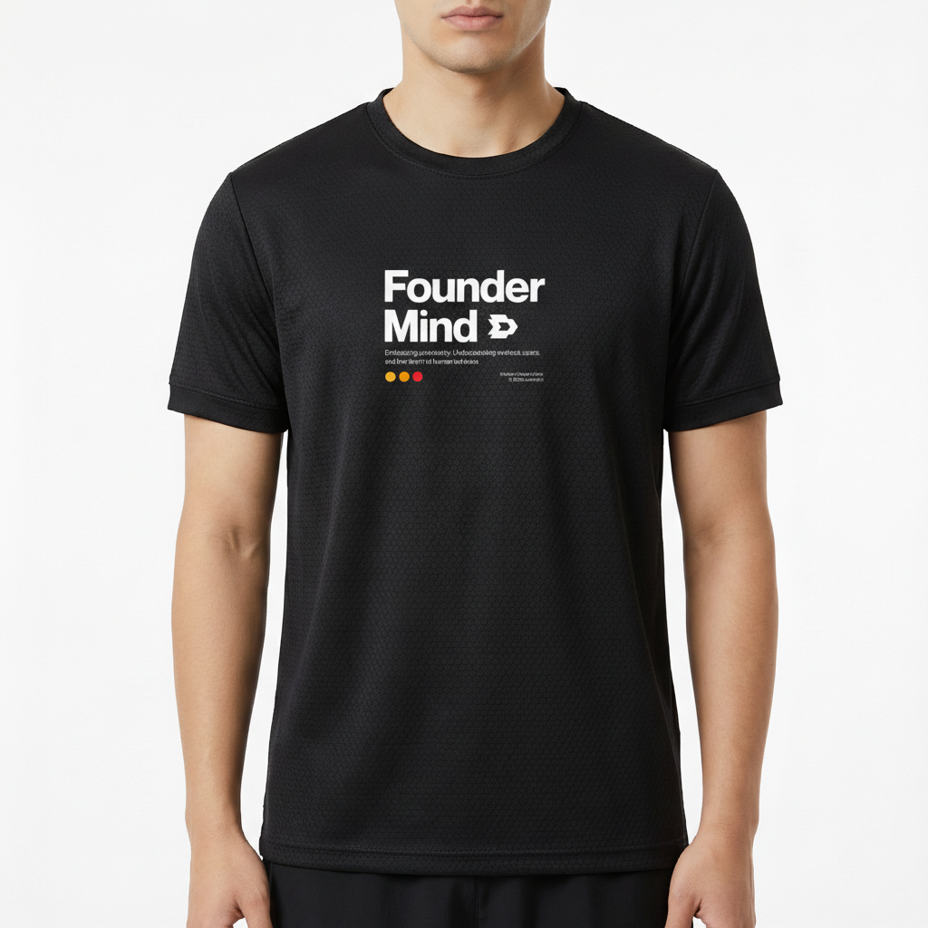 Camiseta com estampa frontal de texto "Founder Mind" em destaque, acompanhado de frases menores explicativas e três pequenos círculos coloridos abaixo.