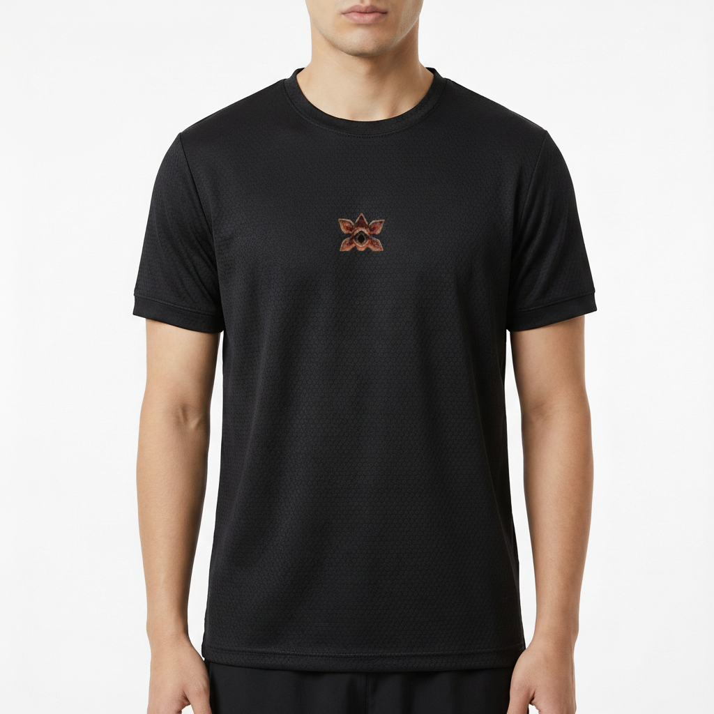 Camiseta com estampa frontal de flor com cinco pétalas arredondadas sobrepostas, em tons de vermelho e detalhes internos que criam um efeito de profundidade.