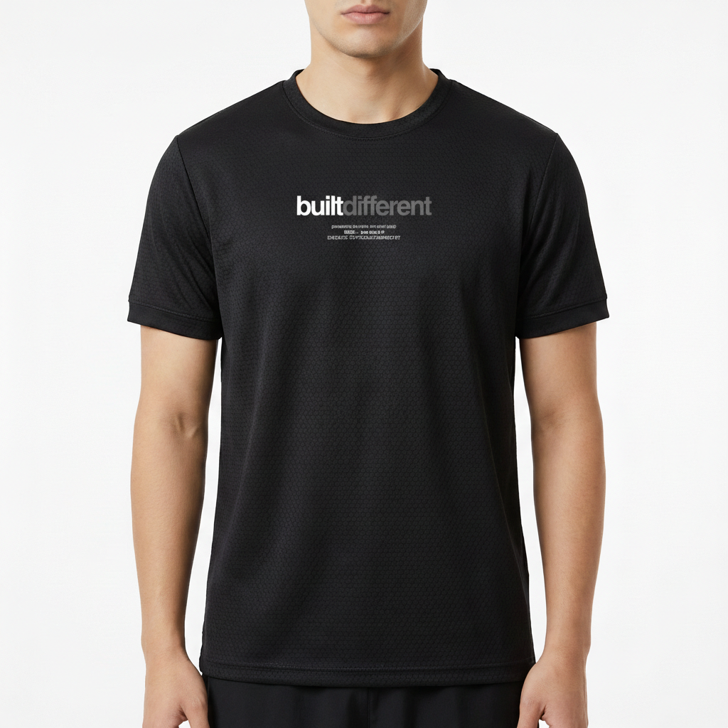 Camiseta com estampa frontal de "built different" em fonte destacada, acompanhada de texto menor descrevendo mensagens motivacionais.
